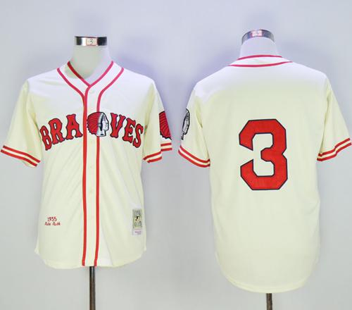 Mitchell and Ness Braves #3 Babe Ruth Stitched Cream Throwback MLB Jersey